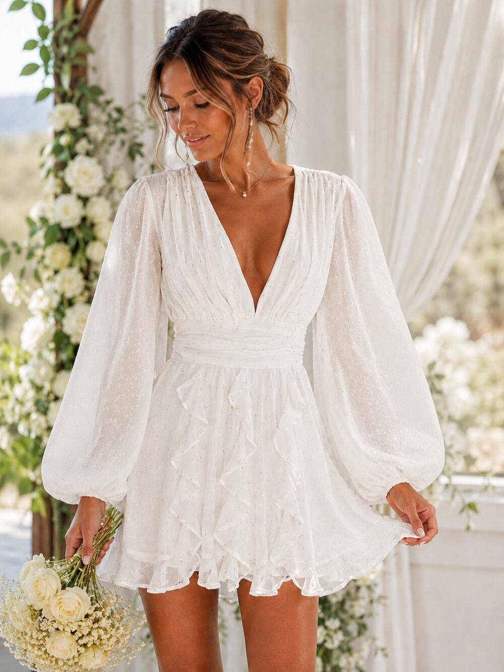 New NBD Mini Dress XS White Metallic Clip Dot Ruffle Boho Bridal Romantic Party